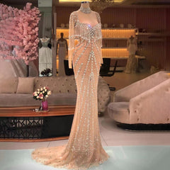 Modern Long Mermaid Beading Long Sleeves Prom Dress With Train