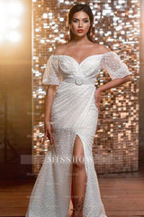 Modern Long V-neck Glitter Wedding Dresses With Long Sleeves