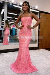 Modern Pink Long Spaghetti Straps Mermaid Prom Dress With Lace
