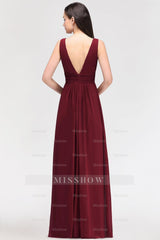 Modest Burgundy V-Neck Sleeveless Long Bridesmaid dresses Affordable
