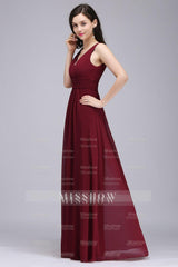 Modest Burgundy V-Neck Sleeveless Long Bridesmaid dresses Affordable