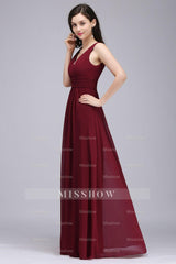 Modest Burgundy V-Neck Sleeveless Long Bridesmaid dresses Affordable