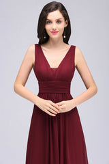 Modest Burgundy V-Neck Sleeveless Long Bridesmaid dresses Affordable