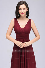 Modest Burgundy V-Neck Sleeveless Long Bridesmaid dresses Affordable