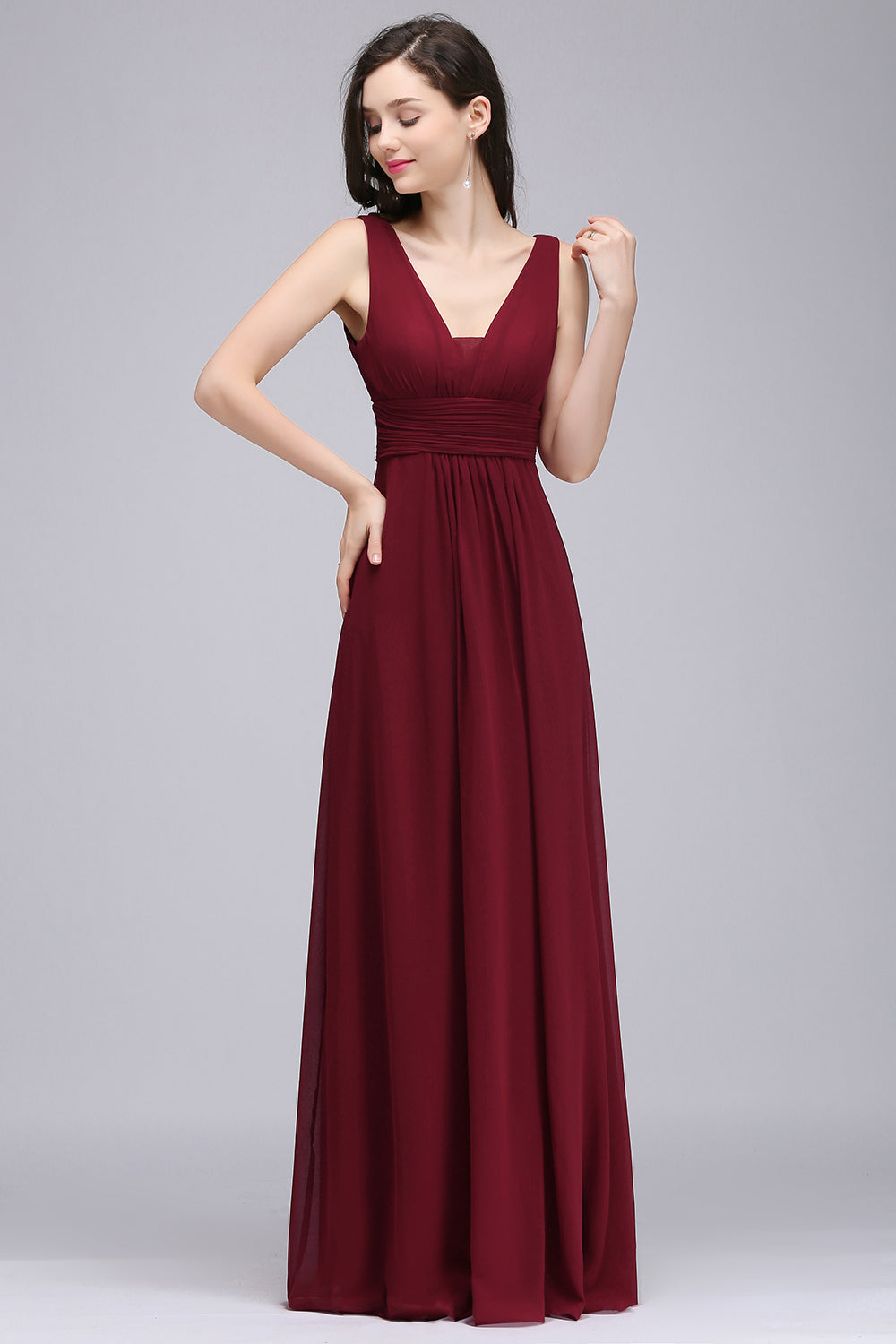 Modest Burgundy V-Neck Sleeveless Long Bridesmaid dresses Affordable
