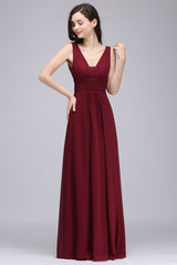Modest Burgundy V-Neck Sleeveless Long Bridesmaid dresses Affordable