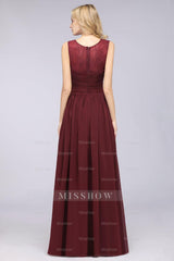 Modest Chiffon Lace Scoop Ruffle Burgundy Bridesmaid dresses Affordable