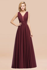 Modest Dark Green Long Bridesmaid Dresses Deep V-Neck Chiffon Maid of Honor Dress