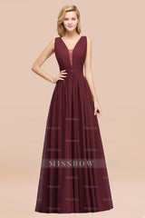 Modest Dark Green Long Bridesmaid Dresses Deep V-Neck Chiffon Maid of Honor Dress