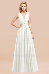 Modest Dark Green Long Bridesmaid Dresses Deep V-Neck Chiffon Maid of Honor Dress