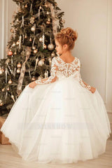 Modest Long Princess Tulle Lace Appliques flower girl dress with sleeves
