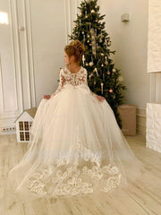 Modest Long Princess Tulle Lace Appliques flower girl dress with sleeves
