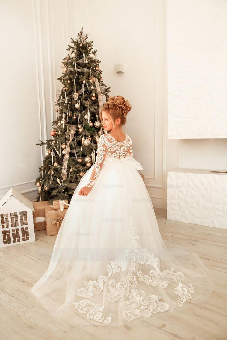 Modest Long Princess Tulle Lace Appliques flower girl dress with sleeves