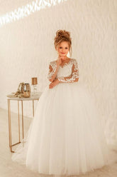 Modest Long Princess Tulle Lace Appliques flower girl dress with sleeves