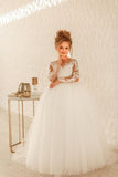 Modest Long Princess Tulle Lace Appliques flower girl dress with sleeves