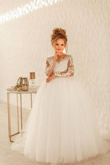 Modest Long Princess Tulle Lace Appliques flower girl dress with sleeves