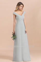 Modest Off-the-Shoulder Mist Chiffon Bridesmaid dresses with Pleats