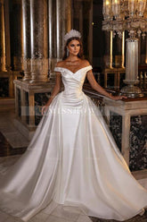 Modest Off-the-Shoulder Satin Wedding Dress with Detachable Sweep Train