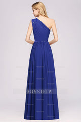 Modest One-shoulder Royal Blue Affordable Bridesmaid Dresses with Beadings
