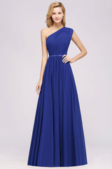 Modest One-shoulder Royal Blue Affordable Bridesmaid Dresses with Beadings