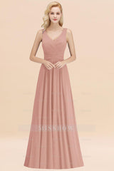 Modest Sleeveless V-Neck Long Chiffon Bridesmaid Dresses with Ruffle