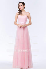 Modest Spaghetti-Straps Sweetheart Long Bridesmaid Dresses with Sash