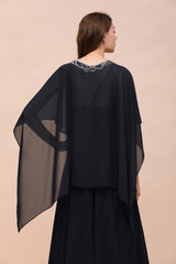 Navy Blue Bridesmaid Dress with Beading Wraps Floor Length Chiffon Maid of Honor Dress