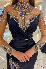 Navy Blue Long Glitter Evening Dresses Prom Dresses With Sleeves