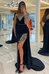 Navy Blue Long Glitter Evening Dresses Prom Dresses With Sleeves
