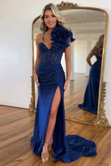 Navy Mermaid One Shoulder Beaded Long Corset Prom Dress with Slit