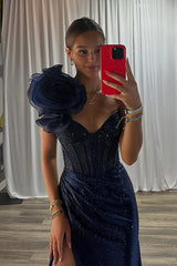 Navy Mermaid One Shoulder Beaded Long Corset Prom Dress with Slit
