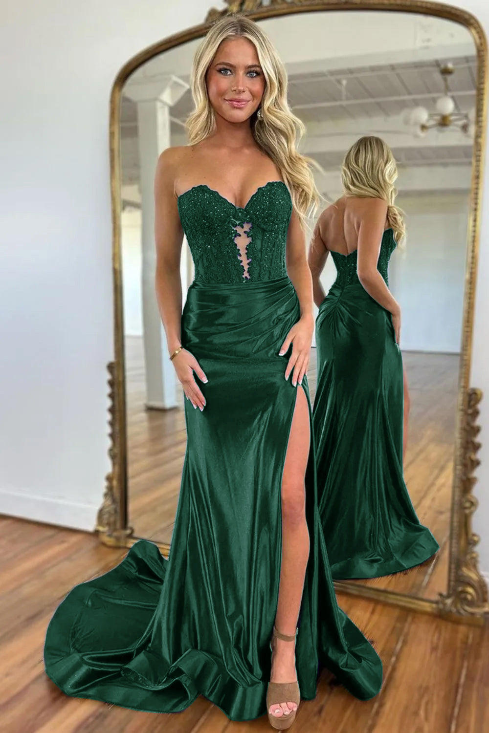 Navy Mermaid Sweetheart Long Corset Prom Dress with Slit