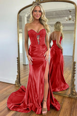 Navy Mermaid Sweetheart Long Corset Prom Dress with Slit