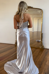 Navy Mermaid Sweetheart Long Corset Prom Dress with Slit
