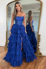 Navy Sparkly Strapless Corset A Line Long Chiffon Prom Dress