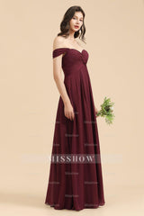 New Arrival A-line Off-the-shoulder Sweetheart Burgundy Long Bridesmaid Dress