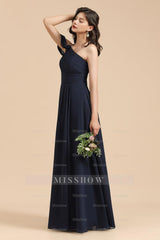 New Arrival Black One Shoulder A-line Long Bridesmaid Dress