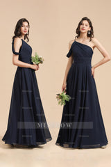 New Arrival Black One Shoulder A-line Long Bridesmaid Dress