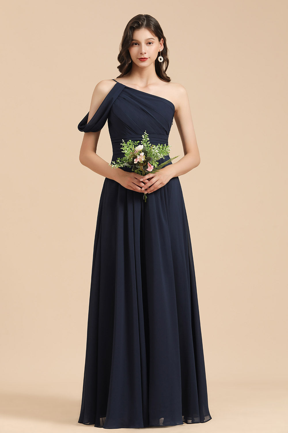 New Arrival Black One Shoulder A-line Long Bridesmaid Dress