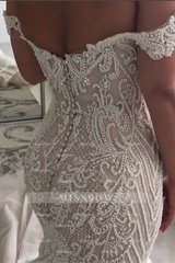 New Arrival Off-the-Shoulder Sweetheart Pearl Mermaid Chapel Train Wedding Dress