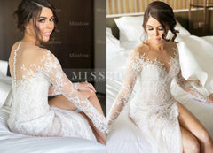 New Full Lace Split Wedding Dress Illusion Back Bridal Wears with Detachable Skirt