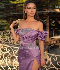 Noble Off The Shoulder Ruffles Purple Split Mermaid Evening Dresses