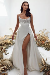 Noble square sleeveless a-line satin Wedding dress with pearls