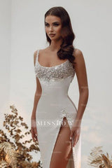 Noble square sleeveless a-line satin Wedding dress with pearls