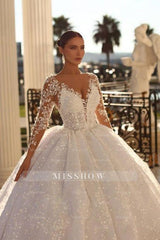 Noble sweetheart 3/4 length sleeves ball gown lace wedding dress rhinestones