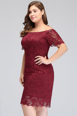 Off-Shoulder Short Mermaid Plus size Lace Burgundy Cocktail Dresses with Sleeves