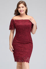 Off-Shoulder Short Mermaid Plus size Lace Burgundy Cocktail Dresses with Sleeves