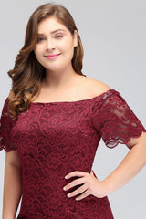 Off-Shoulder Short Mermaid Plus size Lace Burgundy Cocktail Dresses with Sleeves