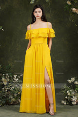 Off-the-Shoulder Bridesmaid Dresses Ruffles With Slit