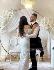 Off the Shoulder Chapel Sequined Floor Length Wedding Dress